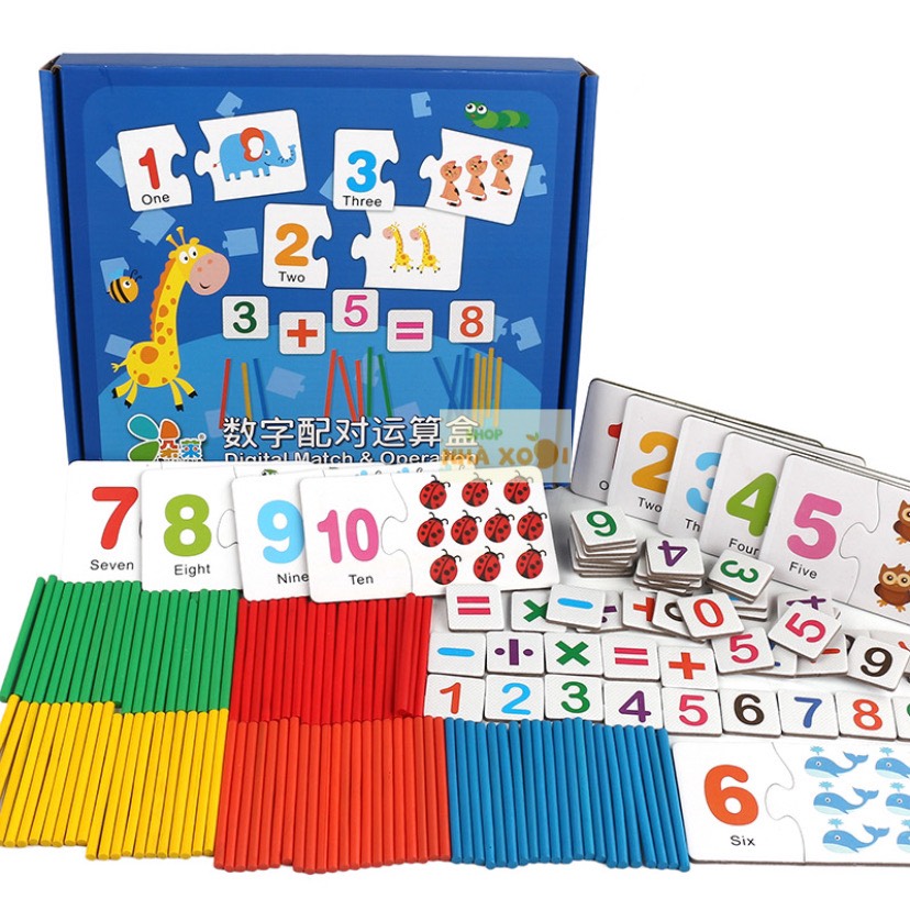 Bộ que tính và thẻ học ghép số bằng gỗ cho bé học toán, đồ chơi toán học montessori, đồ chơi thông minh, đồ chơi giáo dục, giáo cụ montessori, shop nhà xoài