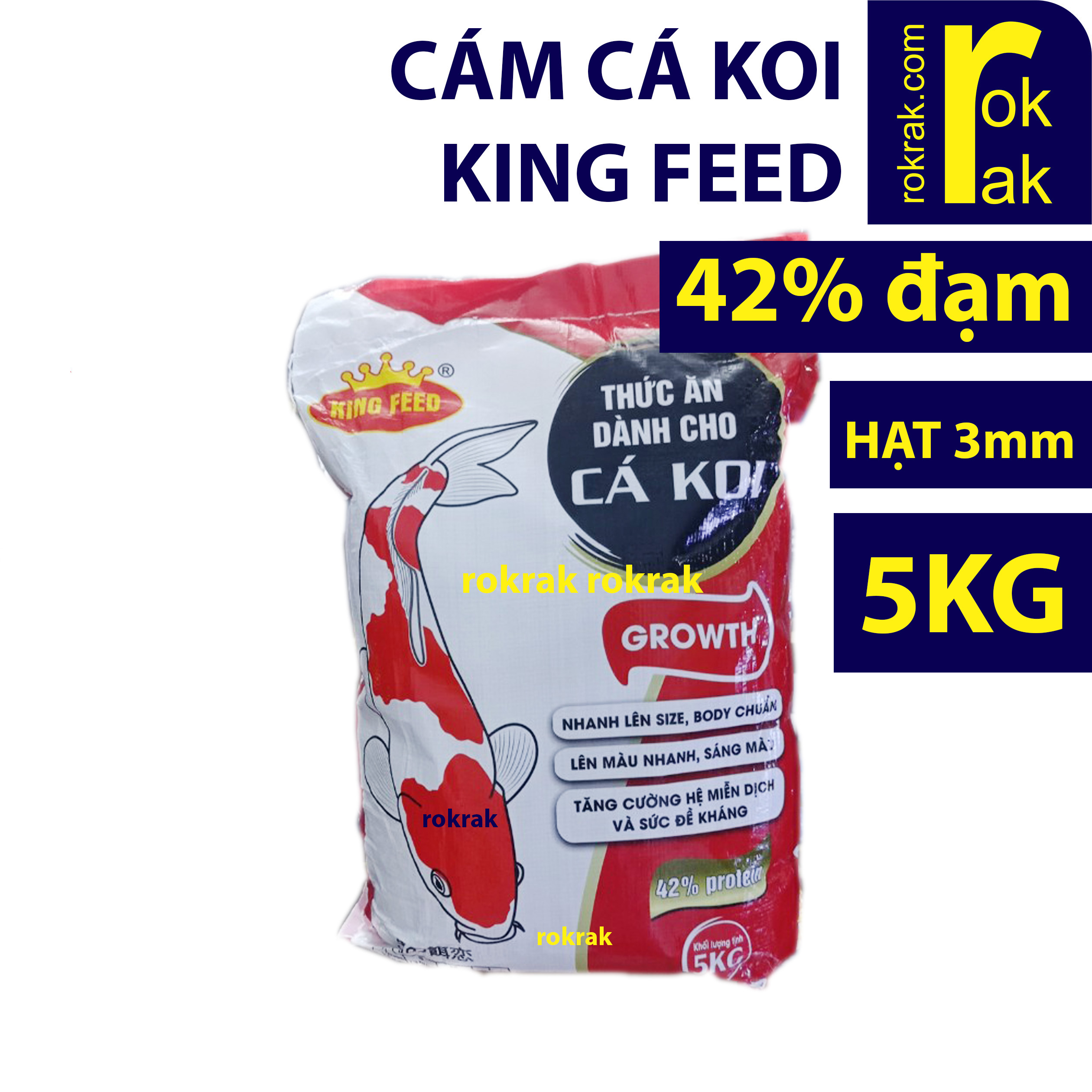 Cám cá koi king feed Thức ăn cá KOI 42% đạm GROW 5KG size hạt