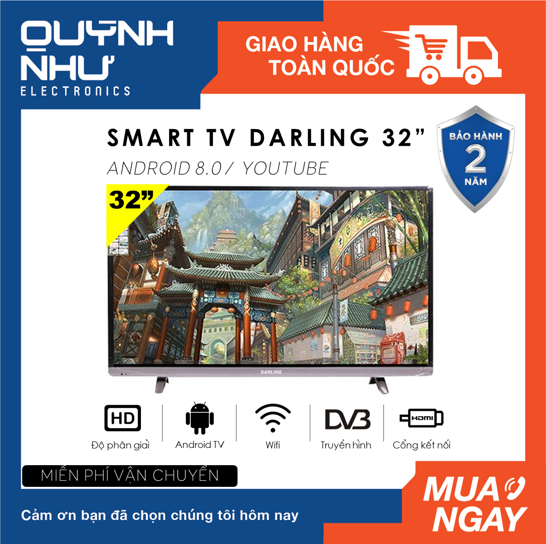 [Trả góp 0%][FREESHIP-HCM] Smart Tivi Darling 32 inch Kết nối Internet Wifi Model 32HD960S1 / 32HD966S (mẫu nâng cấp của 32HD960S HD Ready Android 8.0 Youtube Truyền hình KTS DVB-T2 Dolby Audio màu đen) - Tivi giá rẻ - Bảo hành toàn quốc 2 năm