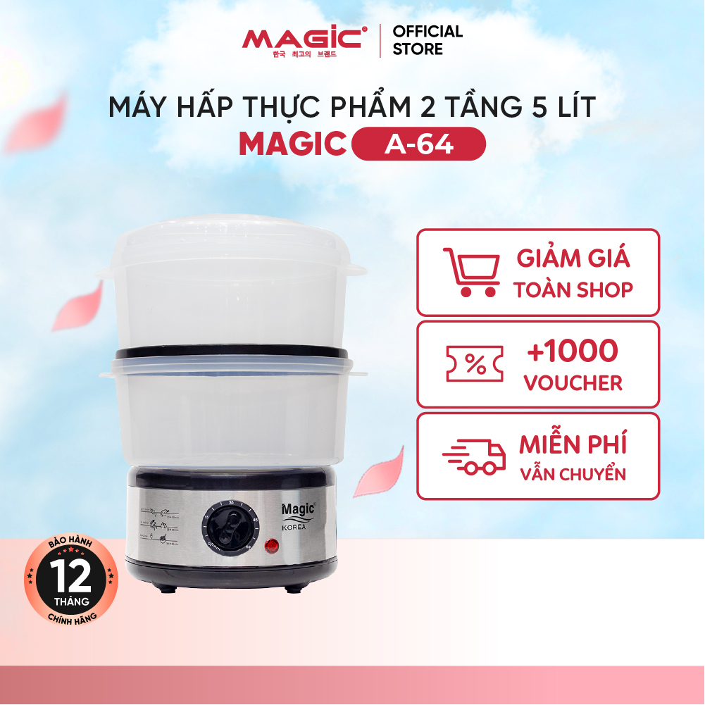 Máy hấp thực phẩm đa năng 2 tầng Magic Korea A-64, dung tích 5L hấp cùng lúc 2 con gà 1.1kg, lồng hấp bằng nhựa PP dễ dàng tháo lắp, nút điều chỉnh thời gian, công suất 500W, bảo hành chính hãng 18 tháng