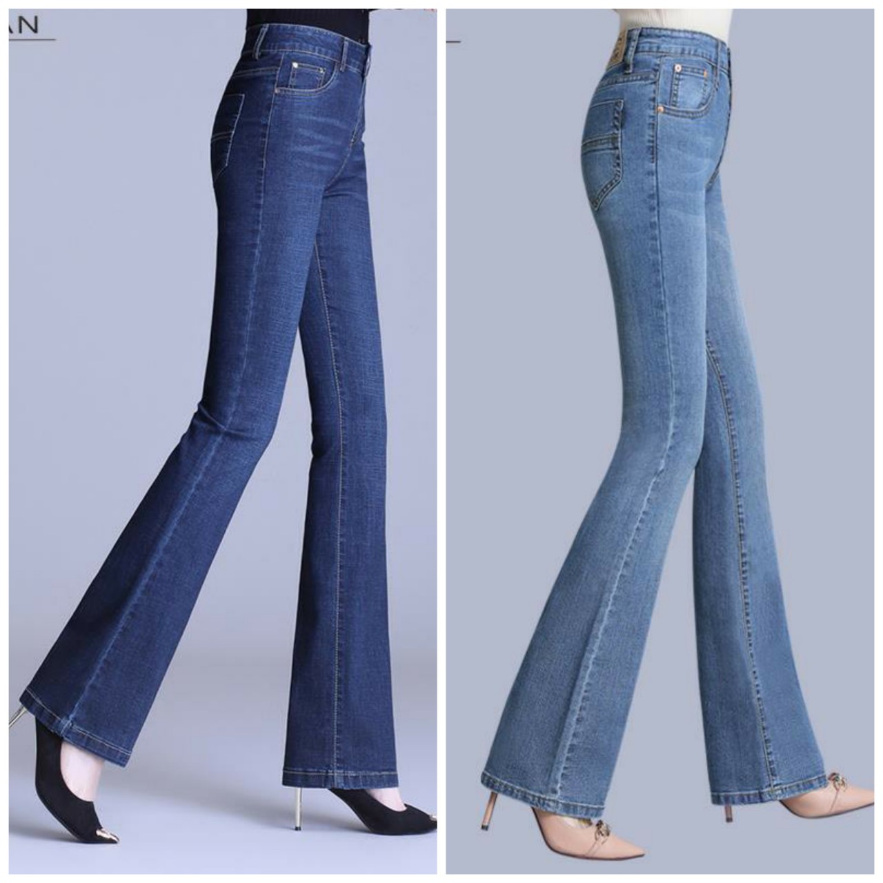 Quần Jeans Nữ Ống Bass Cotton 100 Lưng Cao Co Giãn 4 Chiều