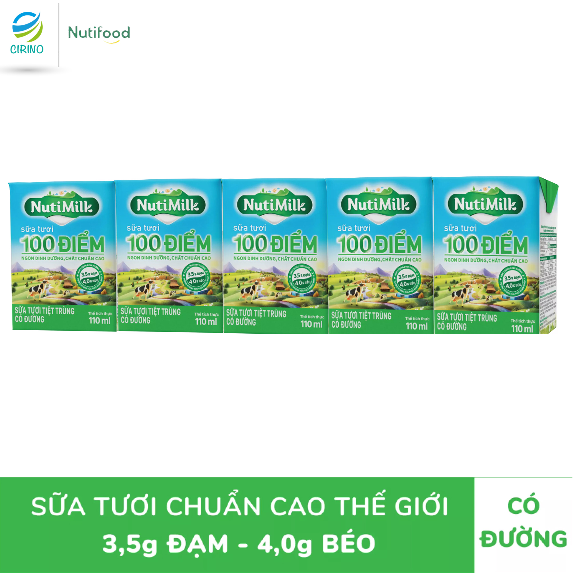 Combo 05 hộp nutimilk sữa tươi 100 điểm - sữa tươi tiệt trùng có đường 110ml - thương hiệu nutifood - tt cirino