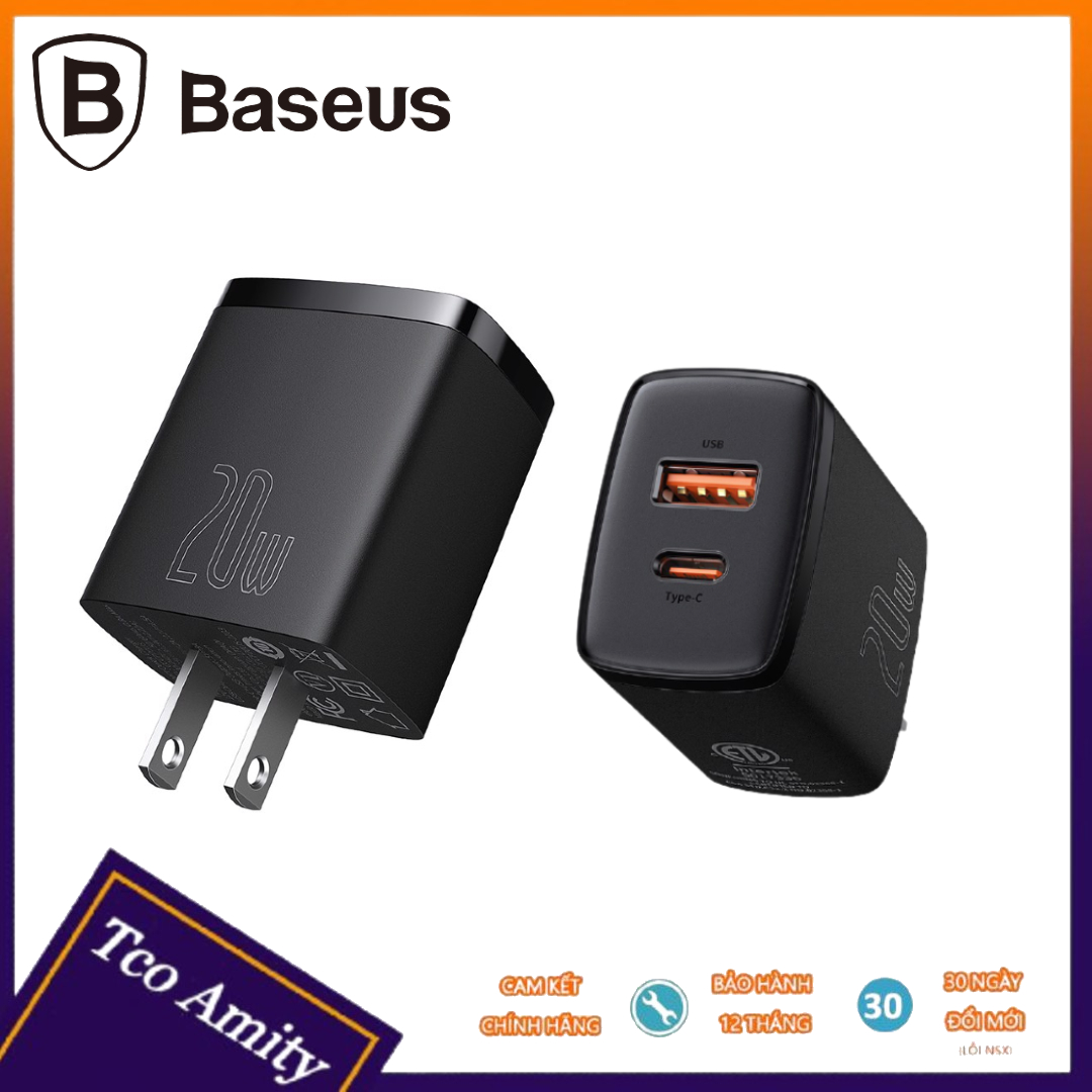 Củ sạc 20w baseus - 2 cổng usb + type c - hỗ trợ sạc nhanh pd/qc 3.0 - an toàn - tiện dụng - bảo hành chính hãng