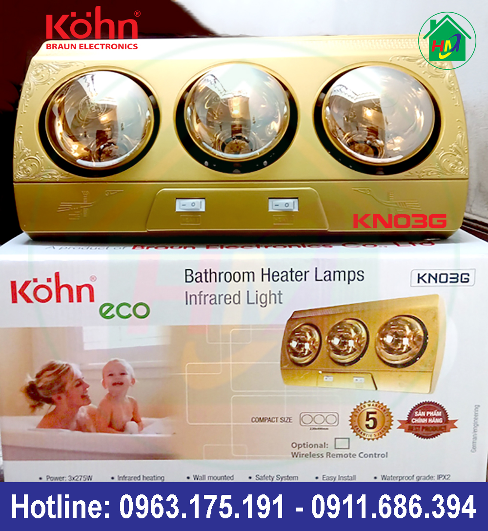 Đèn Sưởi Treo Tường Nhà Tắm 3 Bóng Kohn Braun KN03G Chính Hãng (Bảo Hành 5 Năm)