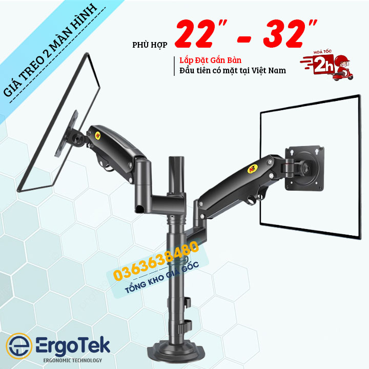 H180 / Giá Treo 2 Màn Hình NB H180 22 - 32 Inch / Tay Treo Hai Màn Hình Kẹp Bàn - Xoay 360 Độ [ Cao cấp hơn NB F160 ]