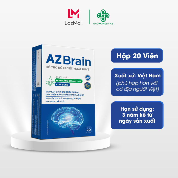 Hoạt huyết dưỡng não AZ Brain - Grow Green Az Giảm Đau Đầu, Mất Ngủ
