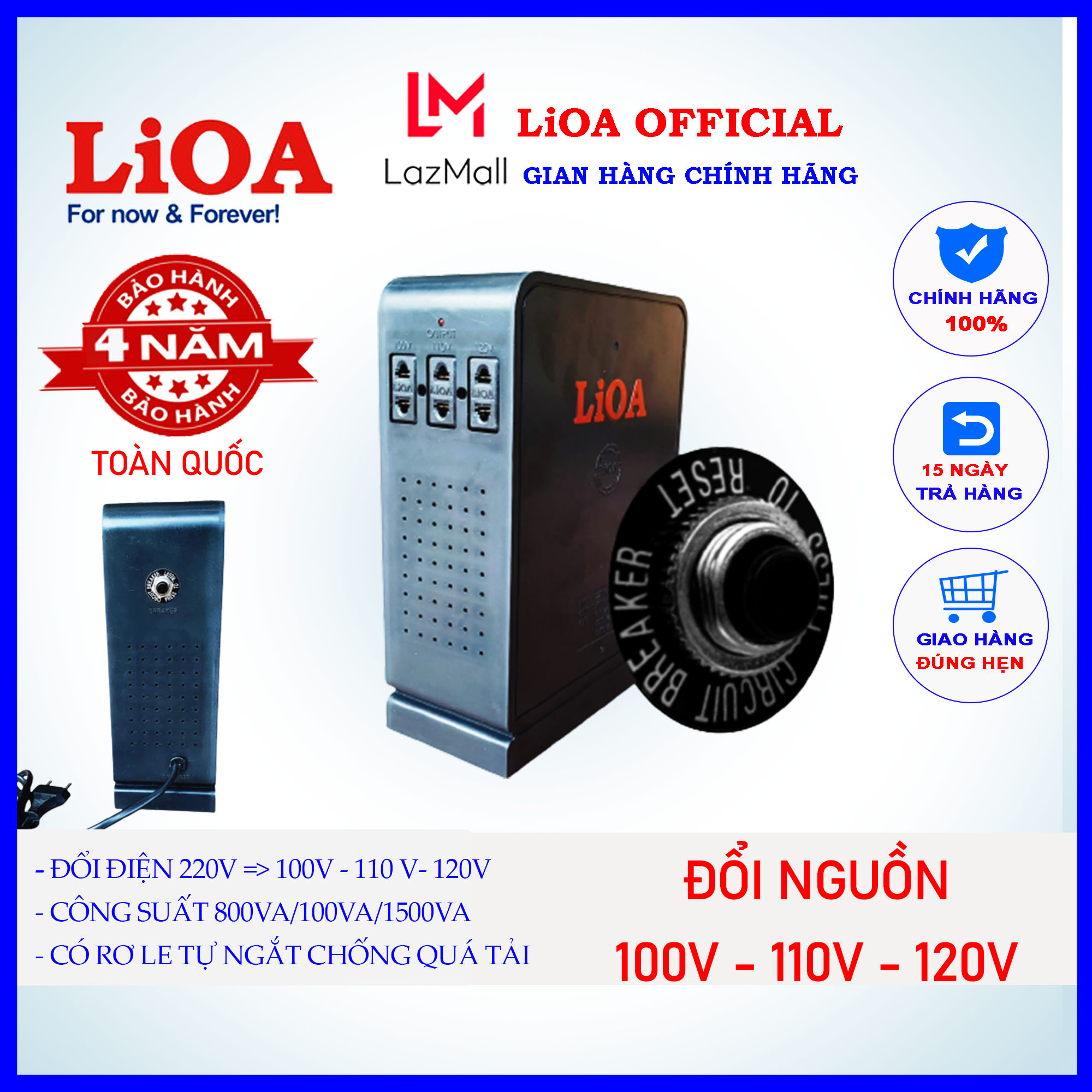 Đổi nguồn lioa 220v sang 100v 110v 120v biến áp 220v ra 100v 110v 120v công suất 800va/100va/1500va