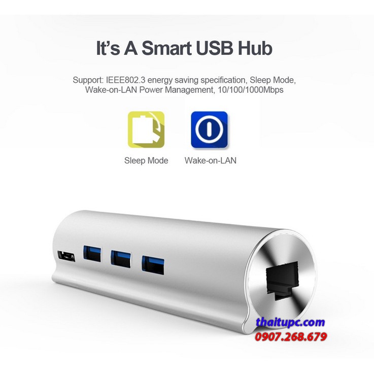 Bộ chia usb type-c ra 3 cổng usb 3.0 unitek y 3095 + lan gigabit