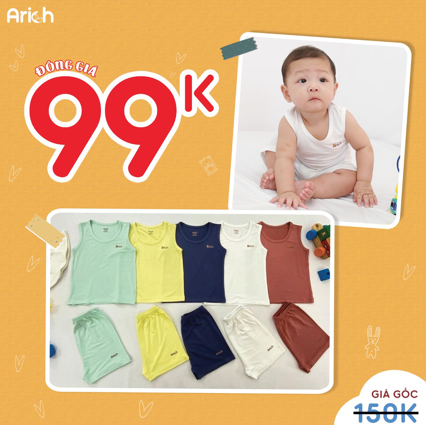 Bộ ba lỗ vải sợi tre cao cấp cho bé từ 3 tháng đến 5 tuổi - ARICH