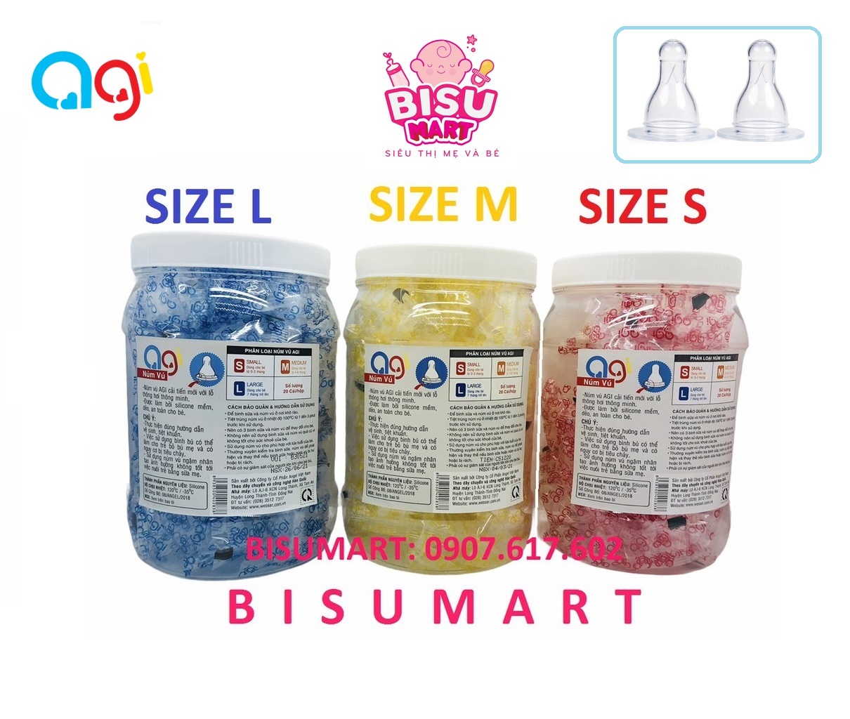 Hộp 20 cái núm vú cổ hẹp agi size s m l