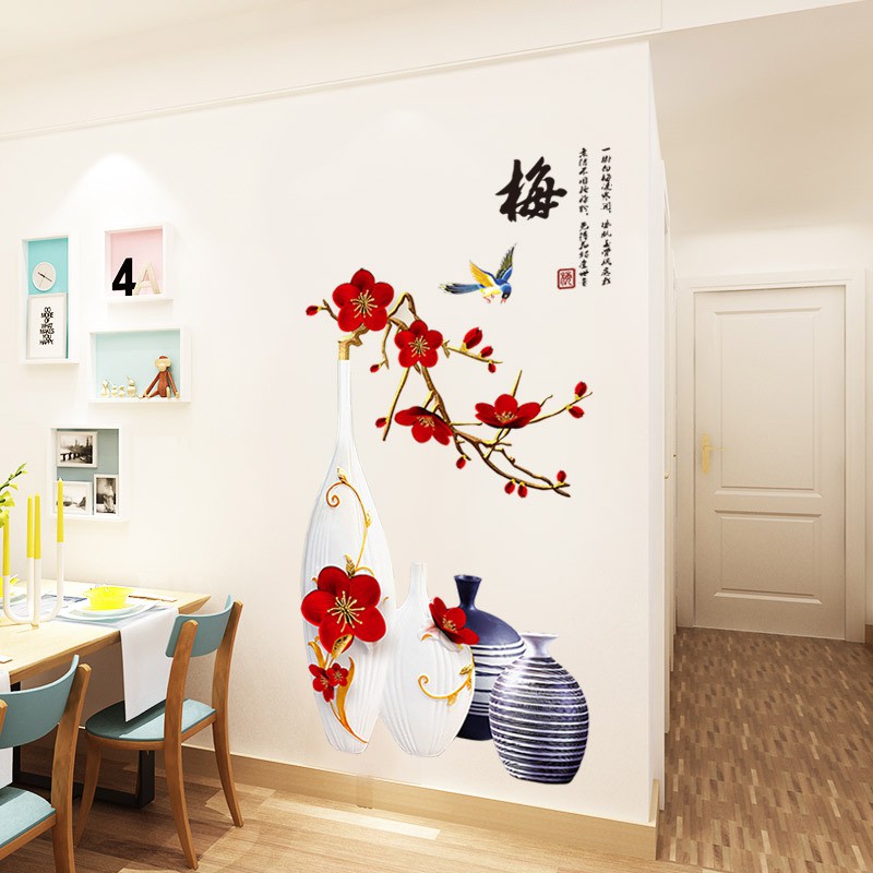 Decal dán tường Bình hoa đào đỏ - tranh dán tường giấy dán tường bình hoa đào 3D nghệ thuật trang trọng