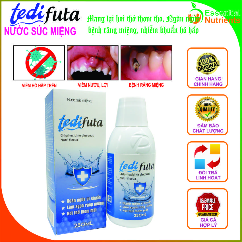 TEDI FUTA Nước súc miệng làm bất hoạt Vi khuẩn, Virus SAR-COV-2, Cho hơi thở thơm tho, giảm nhiệt lở miệng, ngăn ngừa nha chu, các bệnh nhiễm khuẩn hô hấp trên