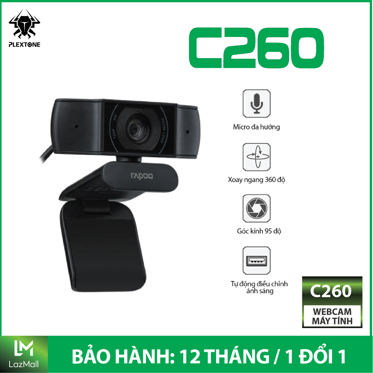 Webcam máy tính Rapoo C260 độ phân giải Full HD 1080p 30FPS, xoay 360 độ linh hoạt tích hợp micro giảm tiếng ồn giúp âm thanh trở nên rõ ràng, tương thích với nhiều hệ điều hành, bảo hành chính hãng 2 năm.