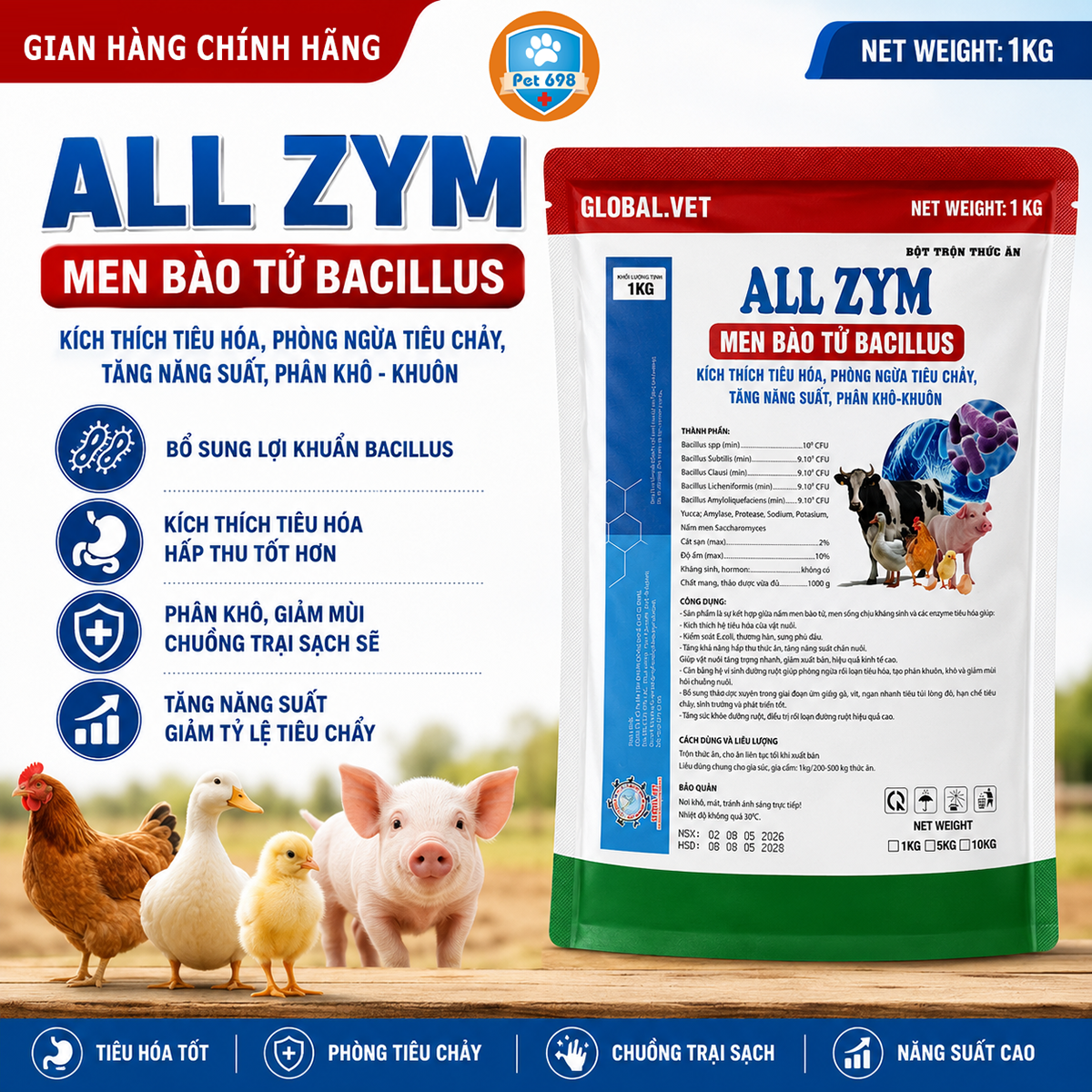 Men tiêu hóa ALL ZYM 1KG Men Bào Tử Bacillus, Kích Thích Tiêu Hóa, Phòng tiêu chảy, Tăng Năng Suất Chăn Nuôi