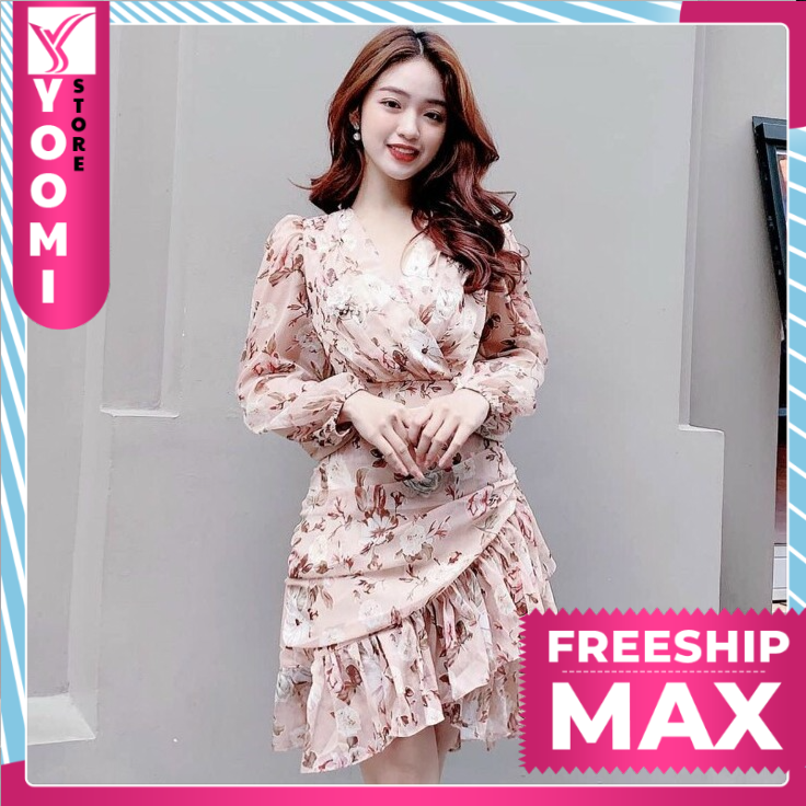 Váy nữ đầm nữ dự tiệc tay dài cổ V đuôi váy xòe in bông xếp tầng xinh xắn thời trang Yoomi