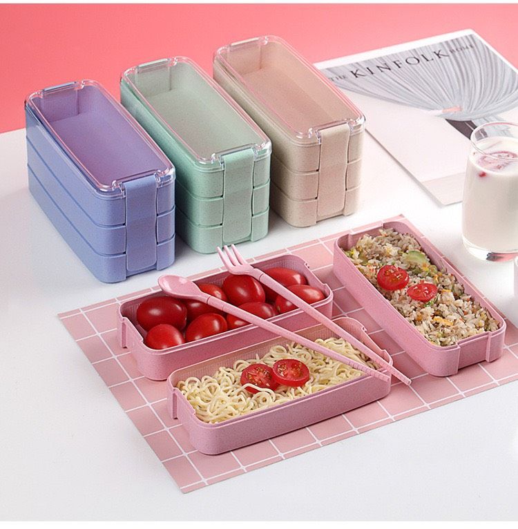 Hộp đựng cơm văn phòng 3 tầng lúa mạch thích hợp cho học sinh, nhân viên cao cấp