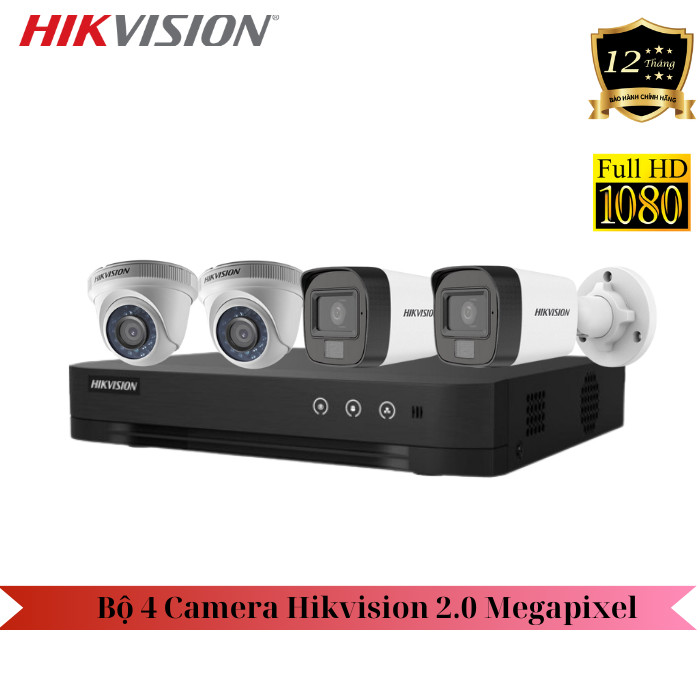 Combo 4 Camera Hikvision 2.0M FullHD + 1 Đầu ghi hình Hikvision 4 kênh DS-7204HGHI-K1 (chưa bao gồm ổ cứng và phụ kiện)