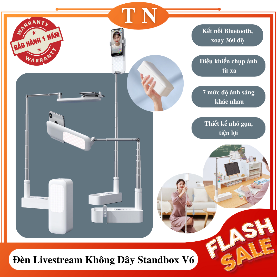 Đèn livestream bán hàng Standbox V6 có tay đỡ nằm ngang gập gọn đa năng xoay 360 độ , điều khiển chụp ảnh từ xa , đèn live stream đa năng , đèn live stream để bàn , đèn live stream giá rẻ , đèn live stream nhỏ