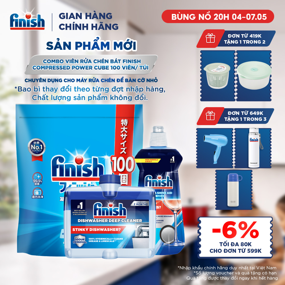 Combo Finish: Viên Rửa Chén Finish Nhật Bản Power Cube 100 Viên + Nước Làm Bóng + Dung Dịch Tẩy Rửa Máy Rửa Chén Bát