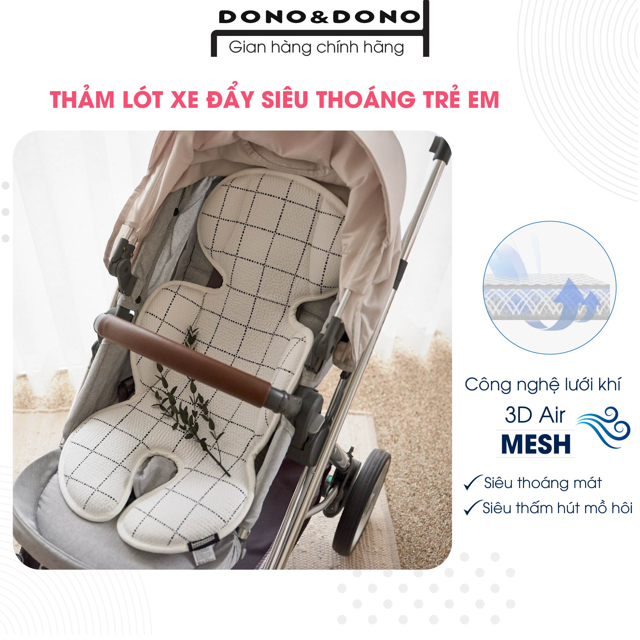 Thảm lót xe đẩy bảo vệ bé không bị rung lắc, đệm lót xe đẩy cho bé thoáng mát, dày dặn - thương hiệu dono&dono hàn quốc