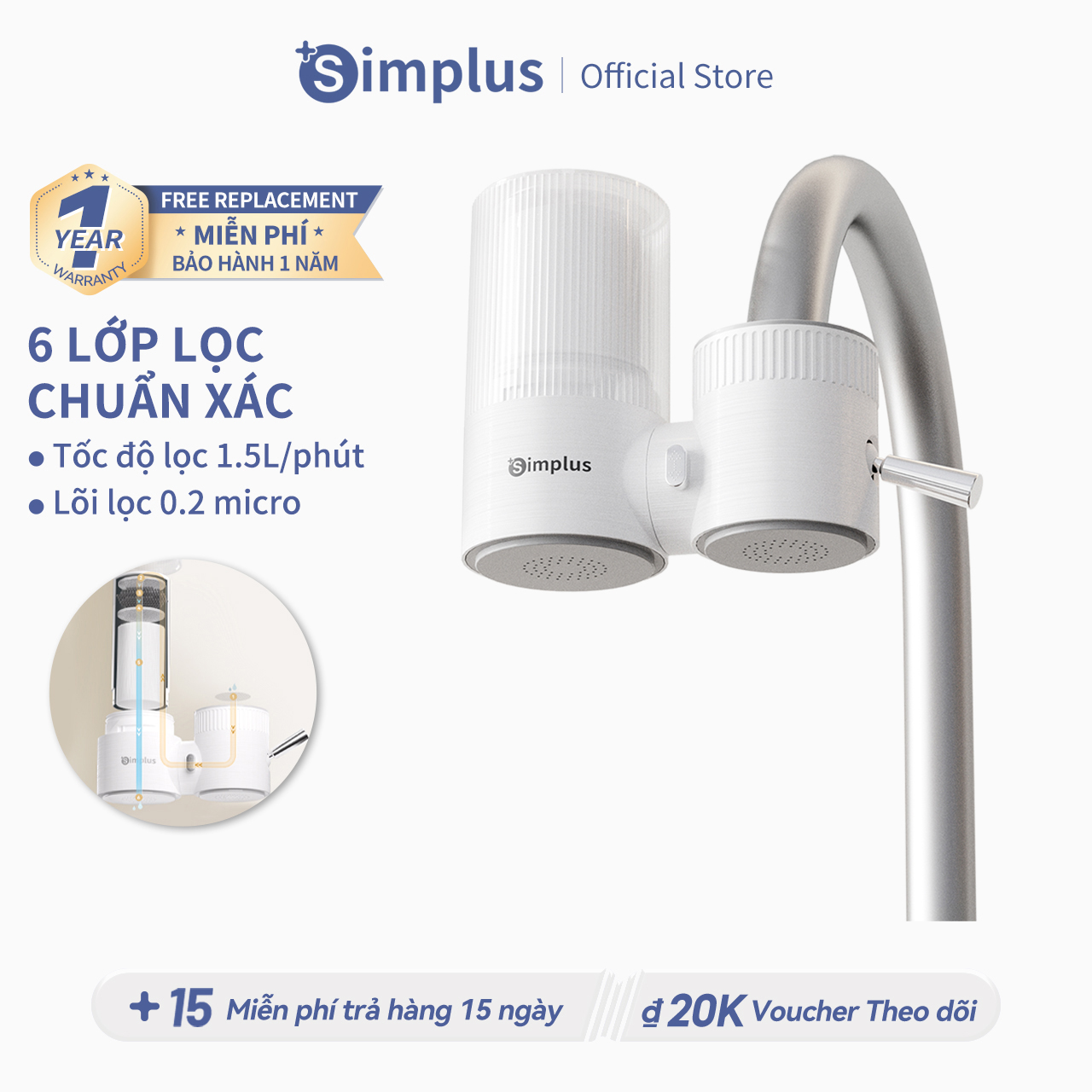 Simplus Máy lọc nước gia dụng, lọc vòi nước nhà bếp và nhà vệ sinh, lõi lọc phức hợp hiệu quả cao, 2 kiểu xả nước, nước đã lọc và chưa lọc JSQH003
