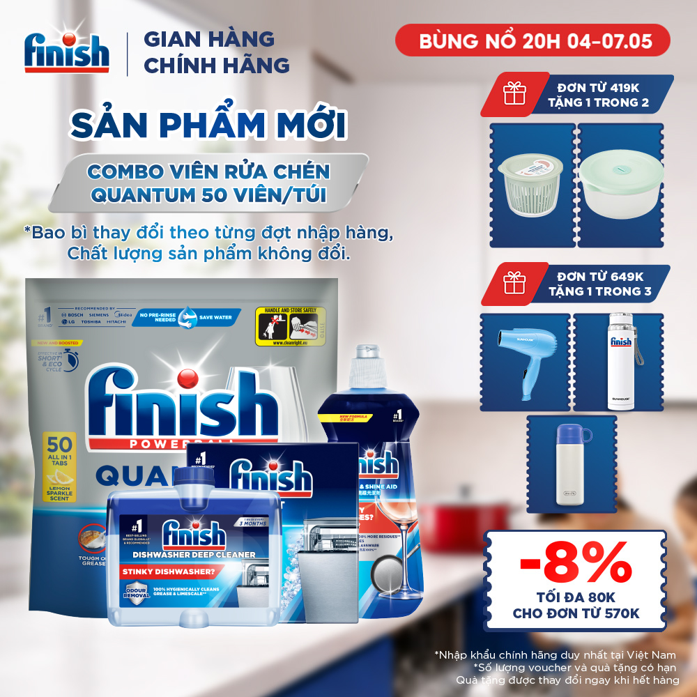 Combo Finish: Viên Rửa Chén Bát Finish Powerball Quantum 50 viên + Nước Làm Bóng 500ml + Muối Rửa Chén Bát 2kg + Dung dịch vệ sinh máy