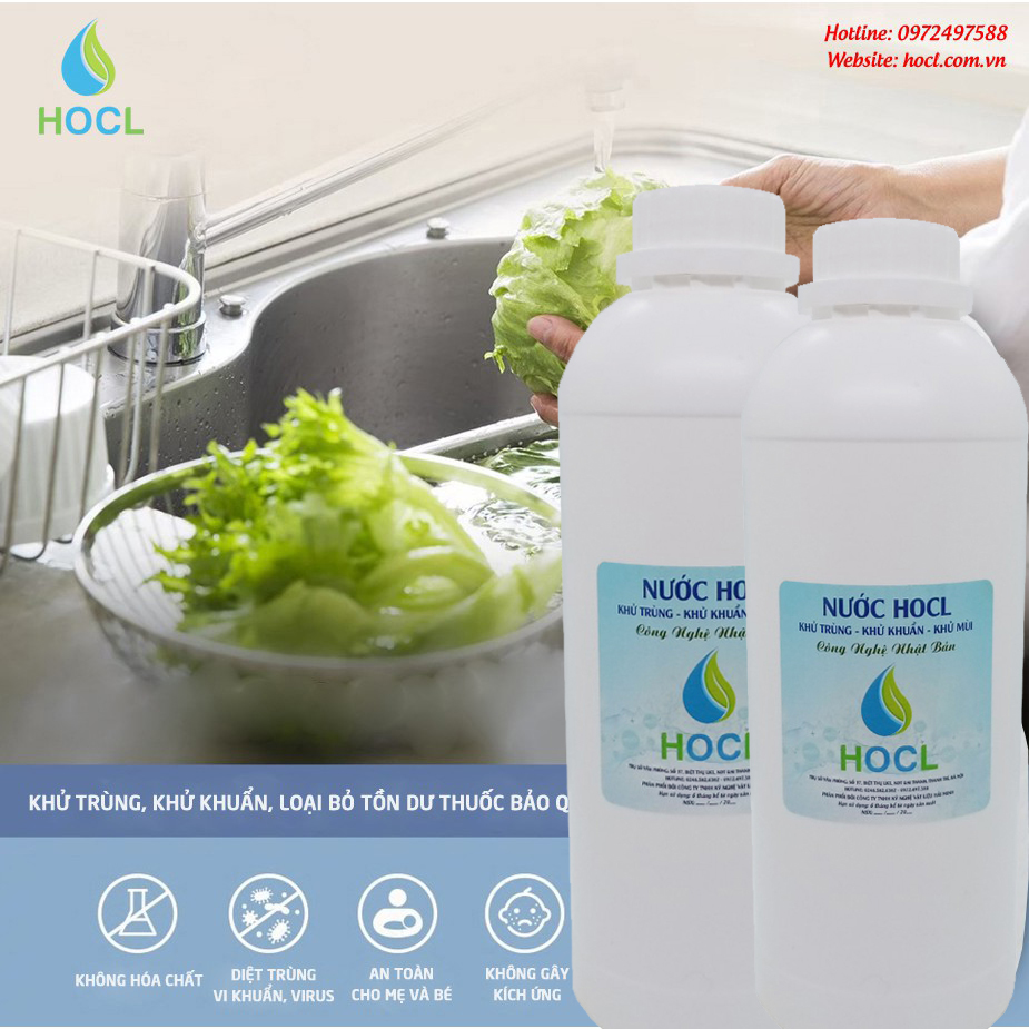 Combo 2 chai nước khử trùng khử khuẩn thực phẩm rau củ quả HOCL 1 lít