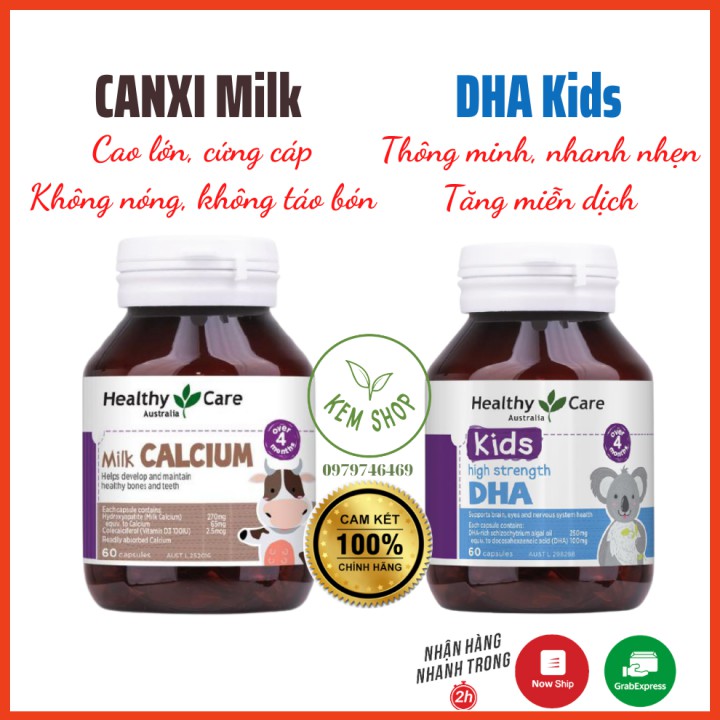 Canxi Milk Calcium sữa + DHA kids Healthy care 60v, bổ sung canxi và DHA cho bé cao lớn, thông mình
