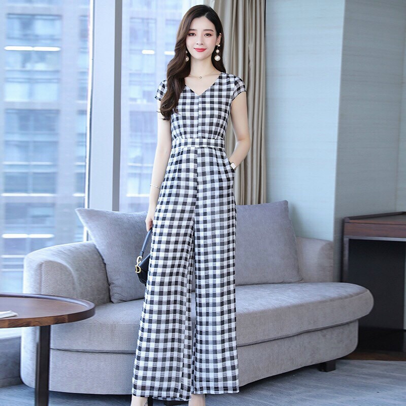 Jumpsuit caro cổ V tay con-TD#damnu