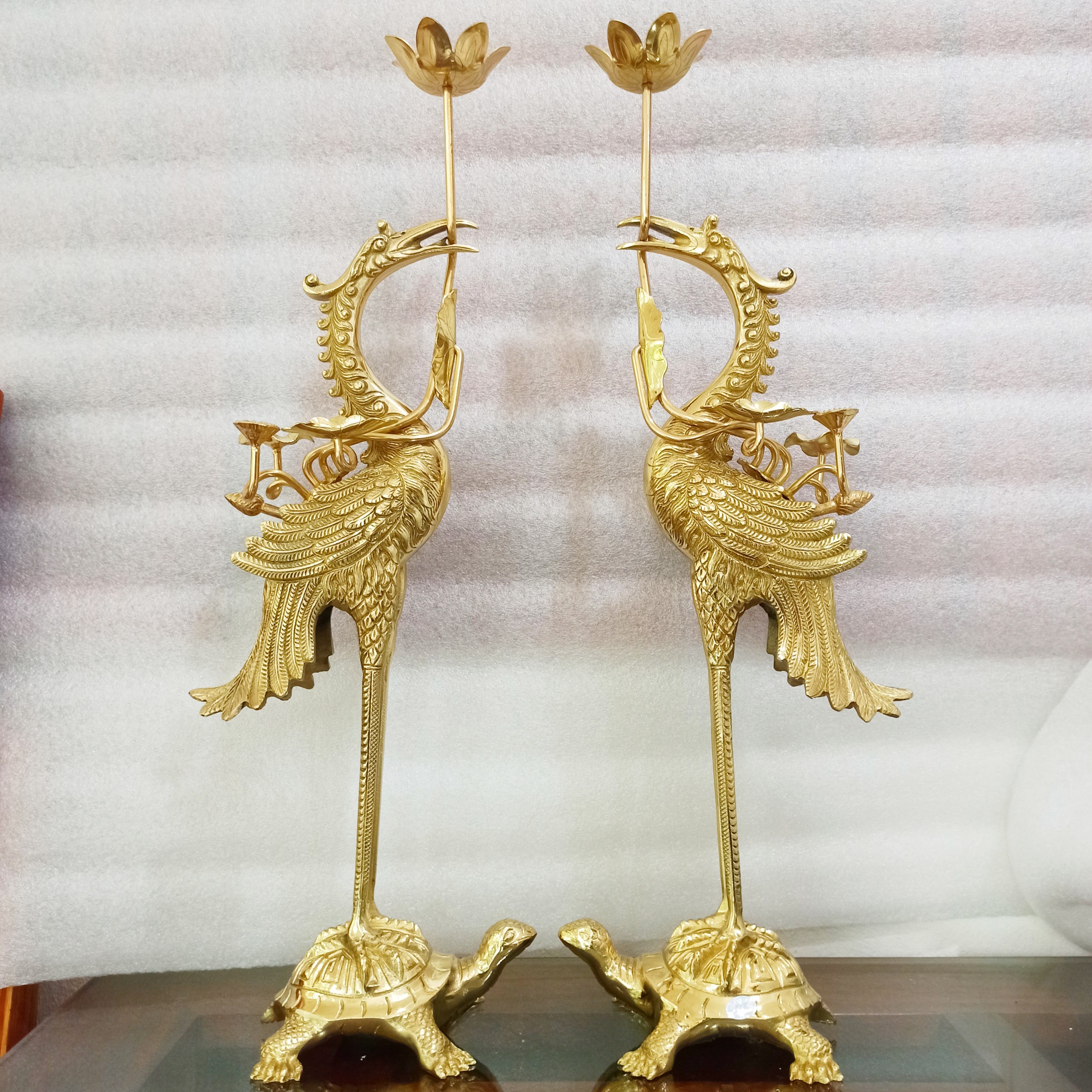 [Freeship max+quà tặng]Đôi hạc thờ cao 45, 52, 61 bằng đồng thau nguyên chất màu vàng ánh kim bóng đẹp, Cặp hạc tặng kèm dây 5 xu kết dây đỏ may mắn