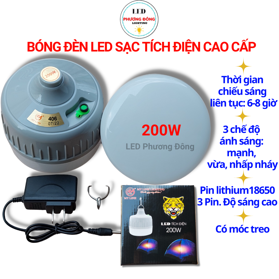 Bóng đèn led sạc tích điện 200w siêu sáng, chiếu sáng liên tục 6 đến 8 giờ