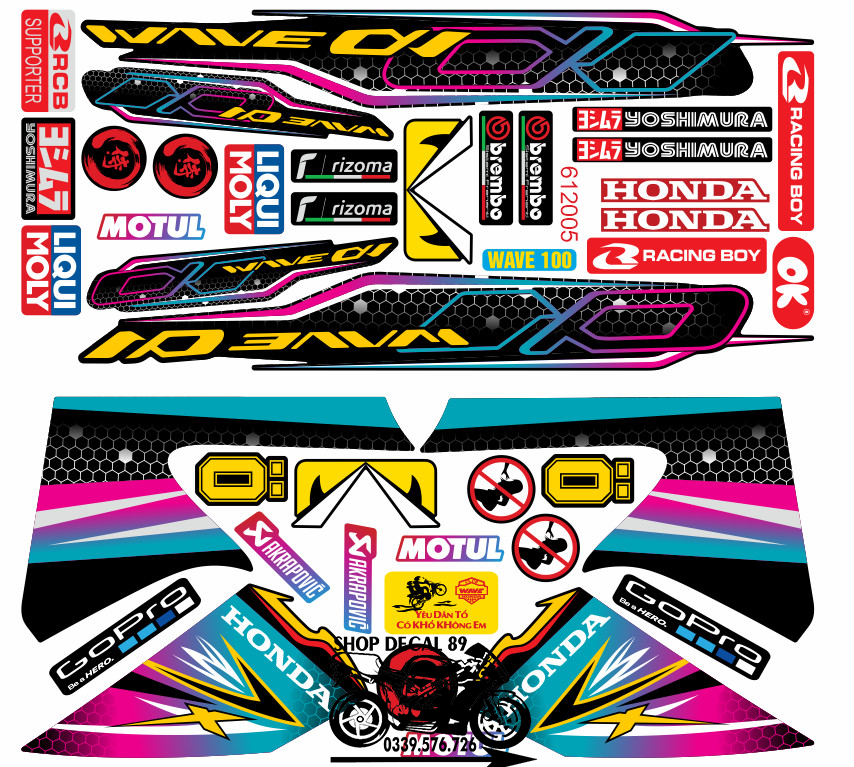 Tem Rời WAVE ALPHA 100 (2006-2016) HỒNG XANH LỤC ĐEN MÃ 612005 (Tem 3 Lớp Chống Bay Màu)