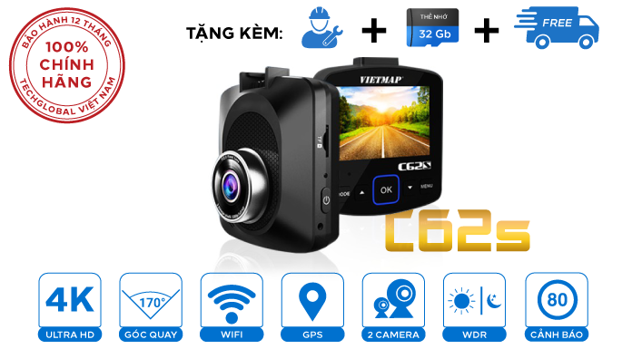 Camera hành trình Vietmap C62S 4k Ghi hình trước sau - Cảnh báo giao thông Bằng giọng nói