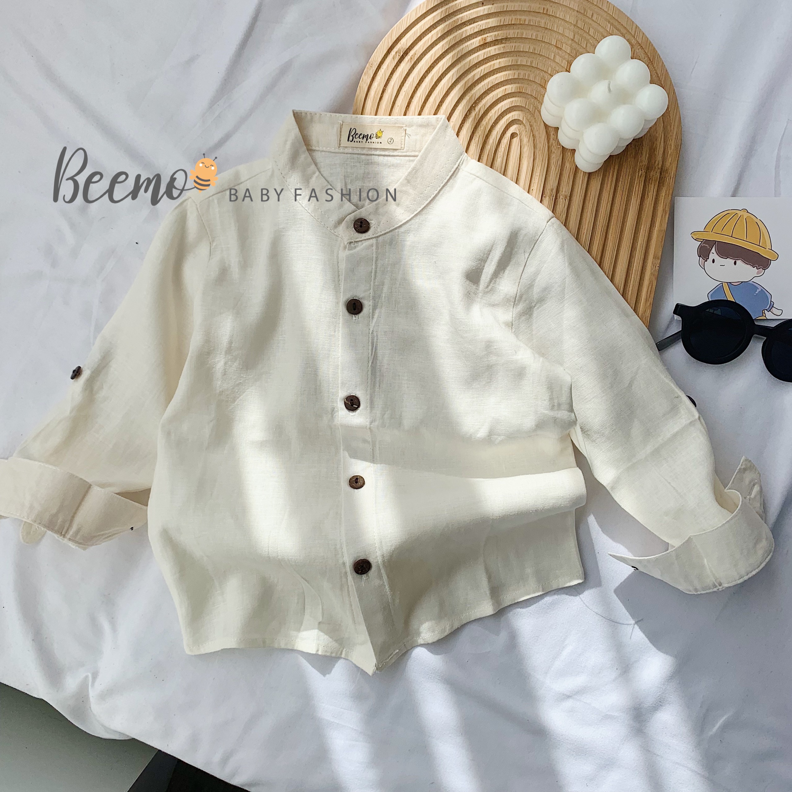 Áo sơ mi trơn cổ tàu bé trai beemo từ 1,2,3,4,5,6,7 tuổi - 20a199