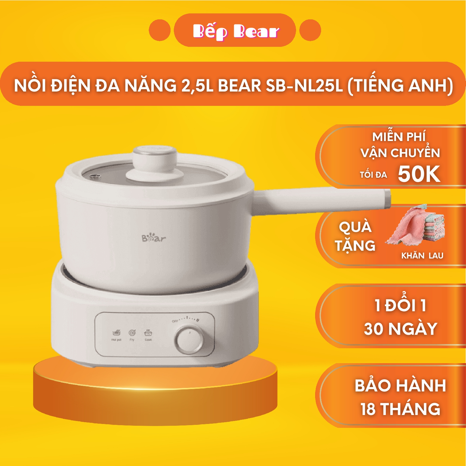 Nồi điện đa năng, Nồi Lẩu Điện Mini, Nồi đa năng kèm bếp Bear 2,5L SB-NL25L, Bản Quốc Tế Bảo Hành 18 Tháng