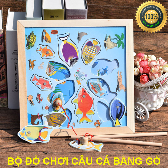 Bộ đồ chơi câu cá, Đồ chơi trẻ em, Bộ câu cá bằng gỗ nam châm với màu sắc sinh động, nhiều loại cá khác nhau, có hai cần câu để bé có thể chơi cùng bạn bè và người thân