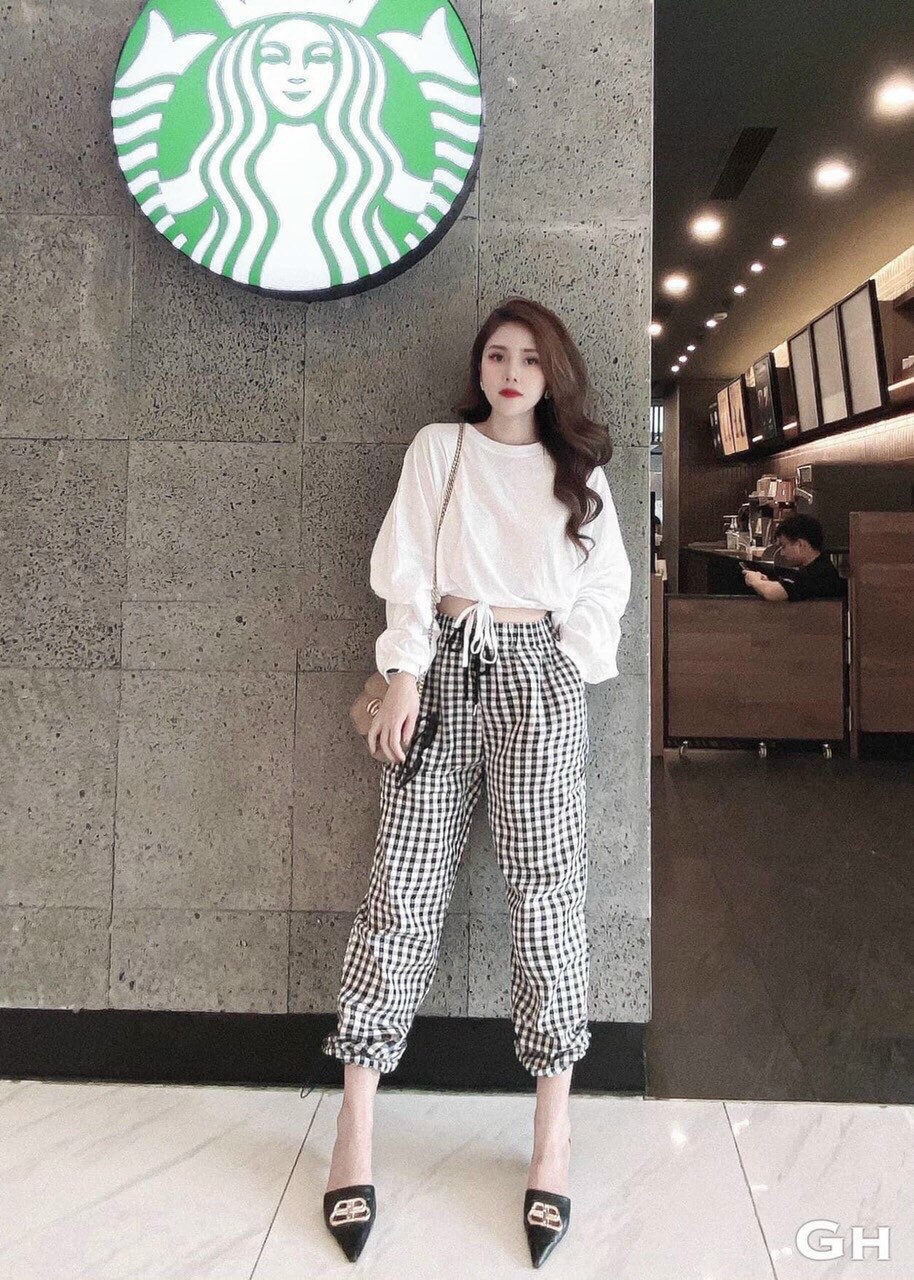 SET BỘ ĐI CHƠI NỮ QUẦN CARO PHỐI ÁO TAY DÀI BO EO CÓ DÂY RÚT SIÊU NGẦU SIÊU CÁ TÍNH SGR