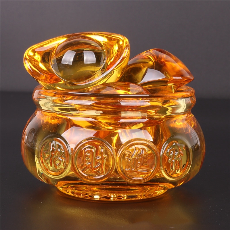 Hũ Vàng Thần Tài Pha Lê - Tụ bảo bồn lưu ly, Chiêu Lộc Tụ Tài, Vật phẩm phong thủy bày ban thầ tài, ban gia tiên (1 Hũ vàng + 7 thỏi vàng dài 3cm/ viên)