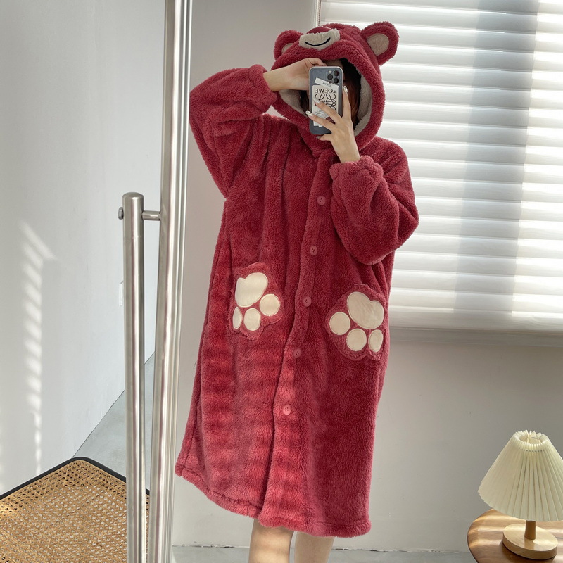 Của Phụ nữ mùa đông mỏng Áo ngủ chiều dài để thấp hơn chân Polyester ấm áp thoải mái dâu gấu giải trí mặc với hai túi lớn