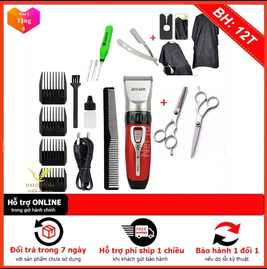 Tông Đơ Cắt Tóc JC 0817 TẶNG KÈM Bộ Kéo Cắt Tỉa + Áo Choàng Cắt Tóc + Dao Cạo Râu + Lấy Ráy Tai