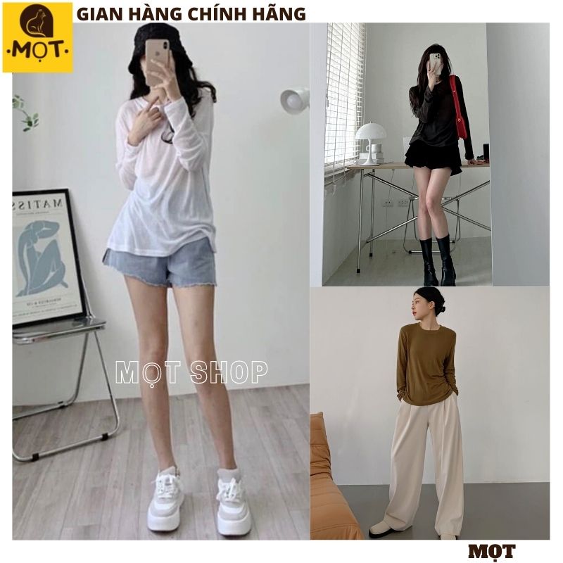 Áo thun dài tay chất giấy tăm mỏng nhẹ, Áo phông Giấy Dài Tay Cổ Tròn Basic Gam Màu Nhẹ Nhàng kèm ảnh thật - MỌT
