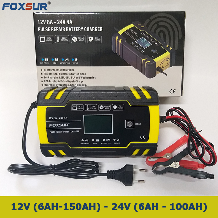 Sạc bình ắc quy 12v 6ah - 150ah 24v 6ah - 100ah foxsur tự ngắt khi đầy chức năng bảo dưỡng phục hồi ắc quy bằng khử sunfat