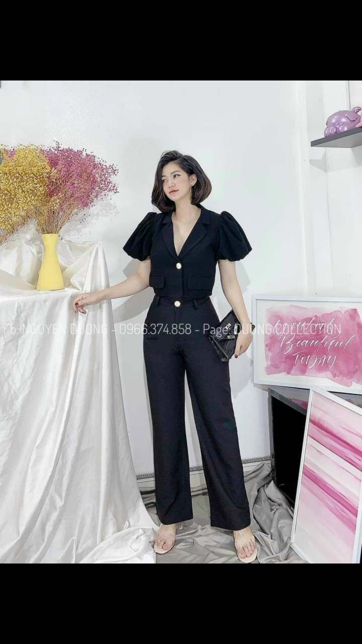 [HCM]Set bộ nữ quần dài ống suông áo cổ V tay phồng#setbonuatayphongquandai