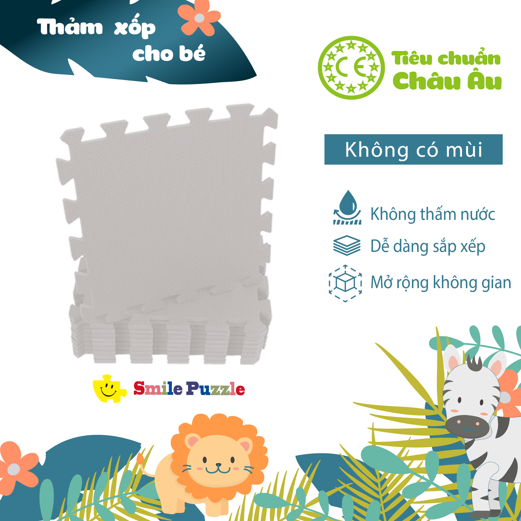 Thảm xốp cho bé - đơn màu Pastel Trắng Xám (10 miếng, Tổng kích thước 10 miếng 0.6mx1.5m) Smile Puzzle - KHÔNG MÙI CHUẨN CHÂU ÂU - Hàng Xuất Nhật