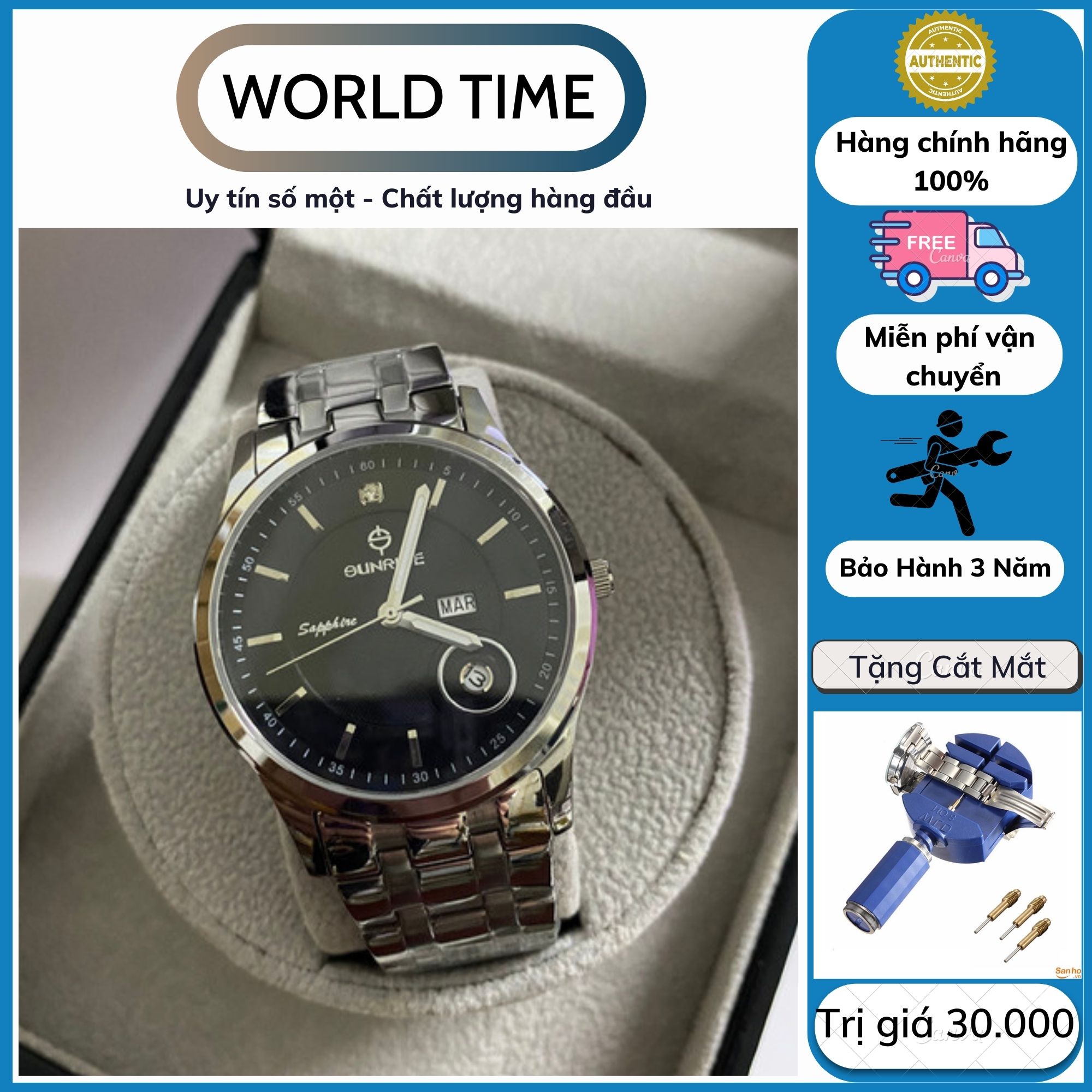 Đồng hồ chính hãng đồng hồ nam Sunrise dây thép DM784SWA Full boxkính Sapphire chống xước chống nước bảo hành 3 nămkèm quà tặng