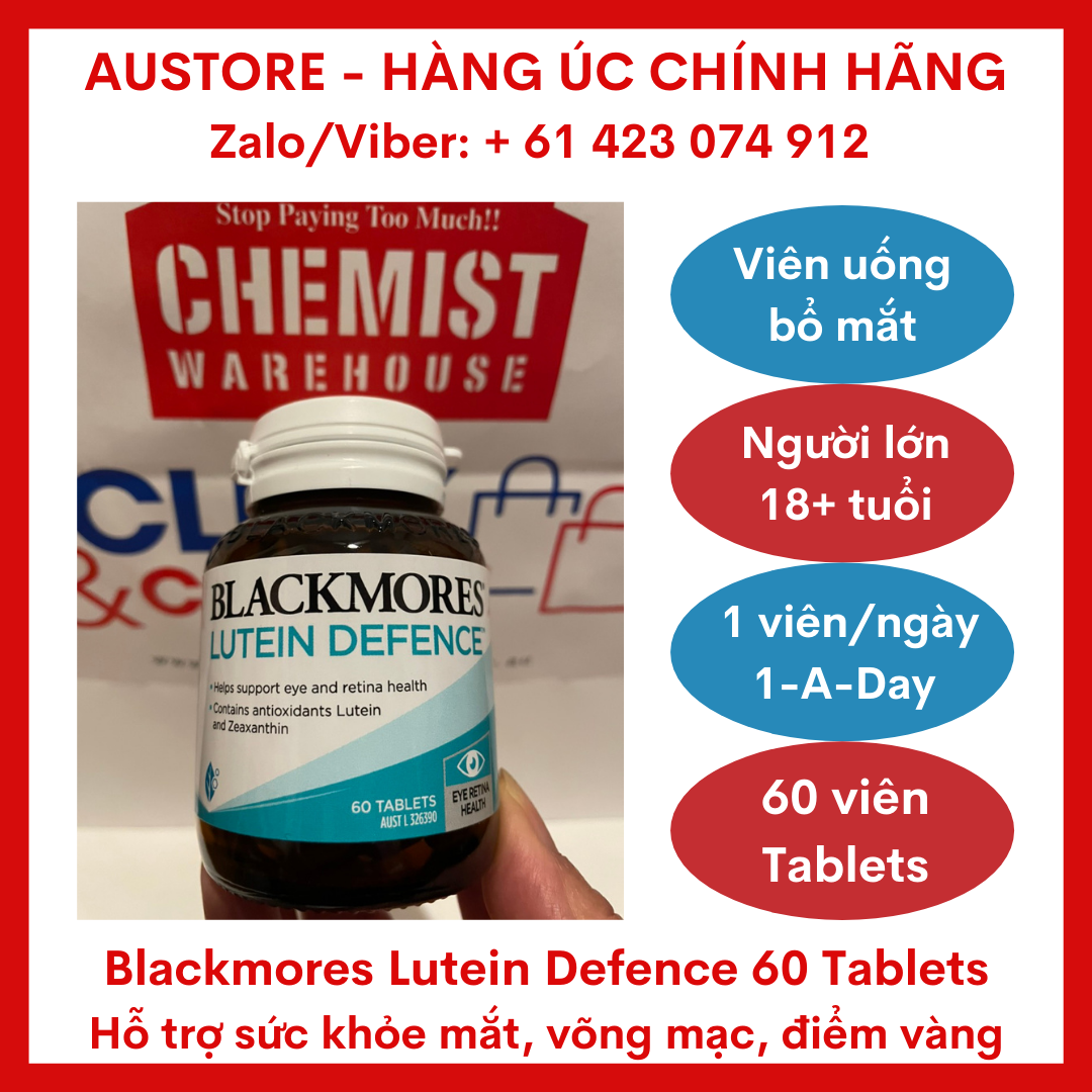 [Bill Úc, Date mới] Blackmores Lutein Defence 60 Tablets - Viên bổ mắt Blackmore Lutein giúp giảm nguy cơ mắc các bệnh về mắt mãn tính, bao gồm thoái hóa điểm vàng & đục thủy tinh thể, khi nhiều tuổ