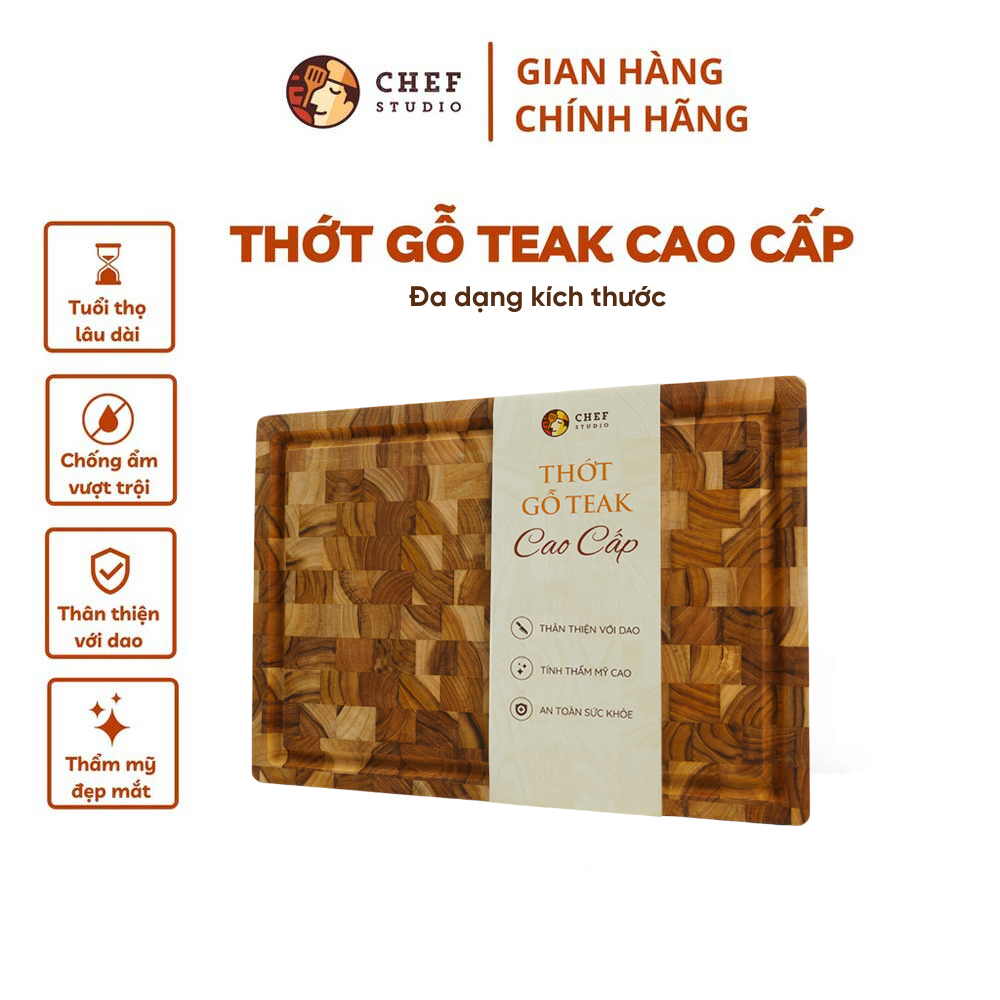 Thớt gỗ Teak Chef Studio cao cấp hình chữ nhật, đa dụng, an toàn cho sức khỏe, đa dạng kích thước