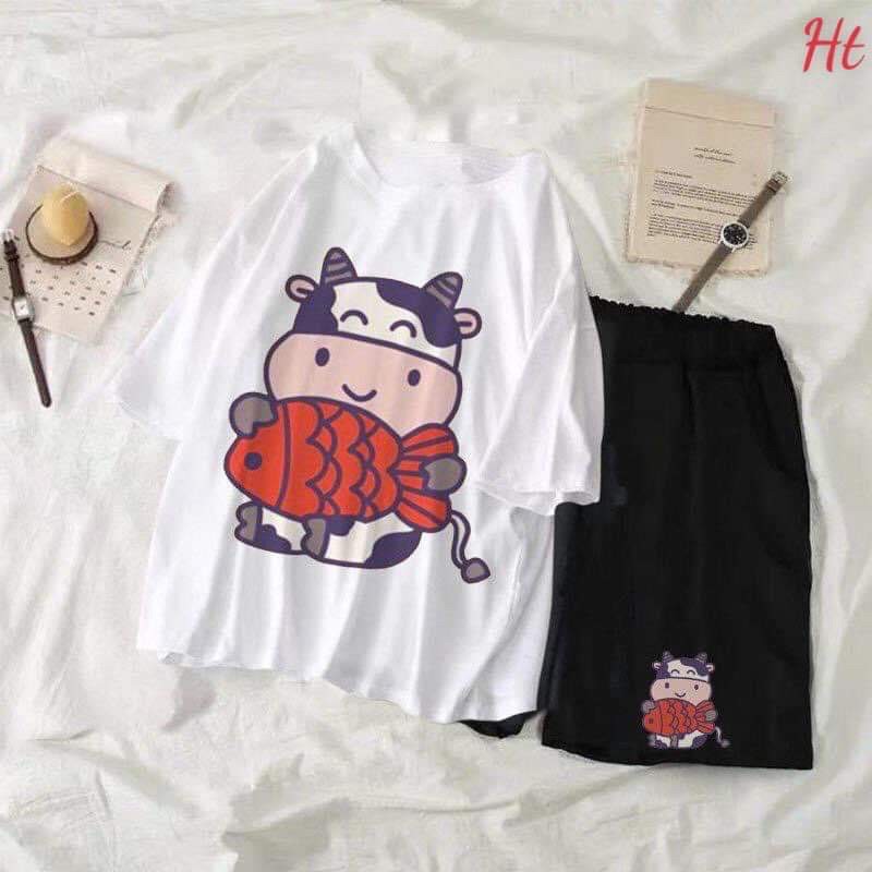 Sét áo hoa và cá +quần đùi đen 5D HT12. Áo thun nam nữ, quần kaki, quần nữ, sét bộ mặc ở nhà, áo thun tay dài, quần jean ống rộng - LEEDA