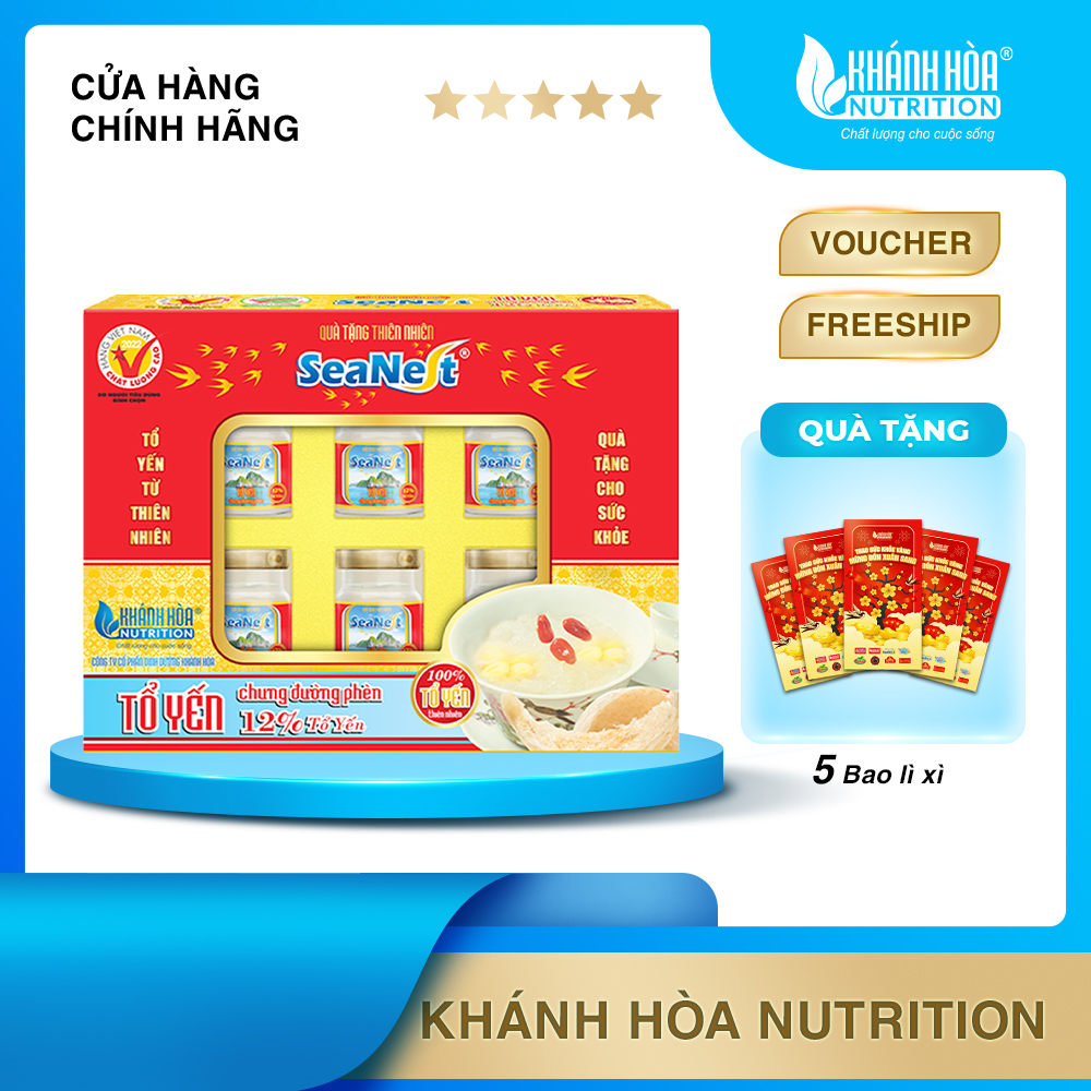 [MUA 1 TẶNG 5 BAO LÌ XÌ] Hộp Quà Nước Yến Sào 12% Tổ Yến SeaNest Chưng Đường Phèn/ Không Đường/ Nhân Sâm Hàn Quốc  - Khánh Hòa Nutrition - 6 Lọ x 70 ML