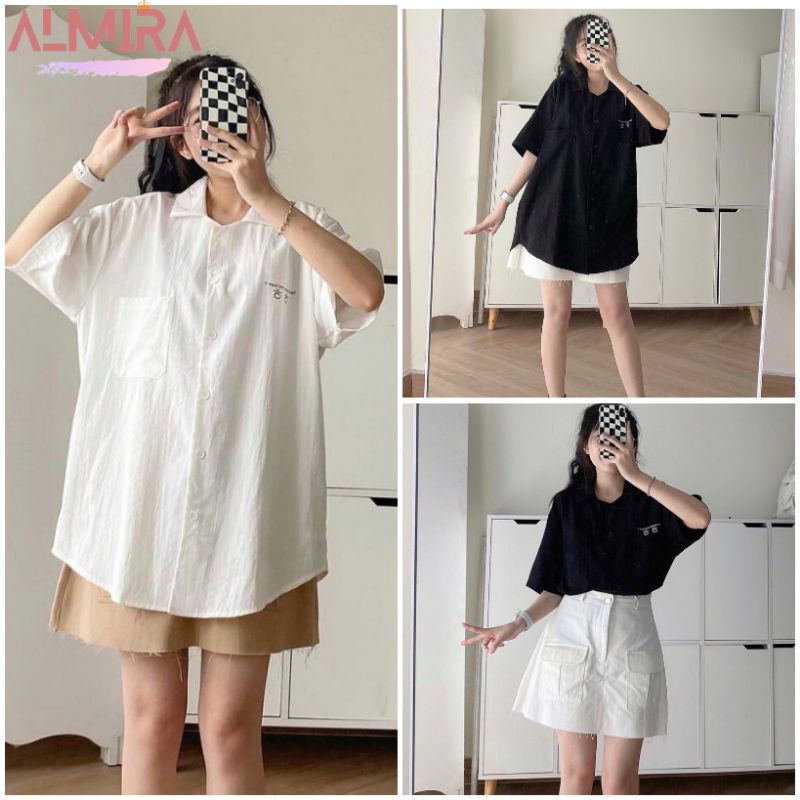 Áo sơ mi tay lỡ chữ ngực hàn quốc ulzzang, áo sơ mi form rộng tay lỡ phong cách hàn quốc